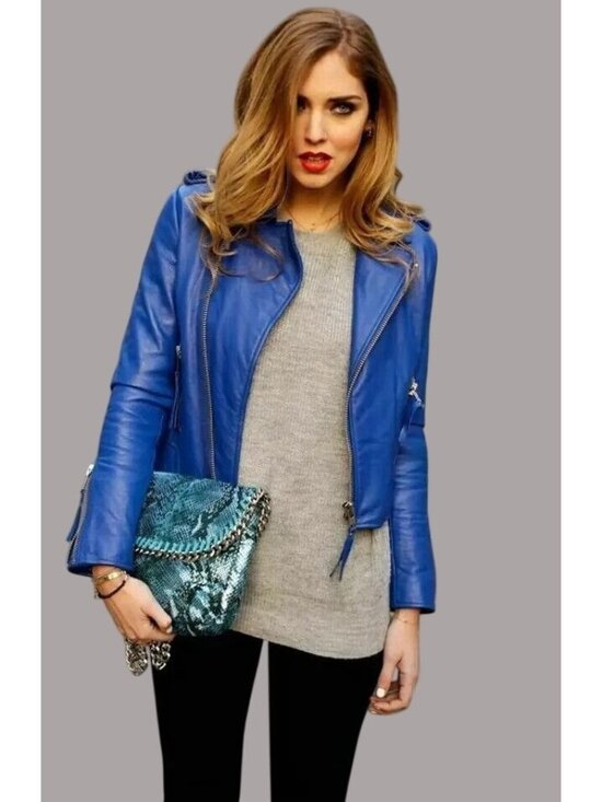 Doma Jackets & Blazers - Doma Womens Blue Leather Moto Jacket XS With Zipper Details & Asymmetrical Front